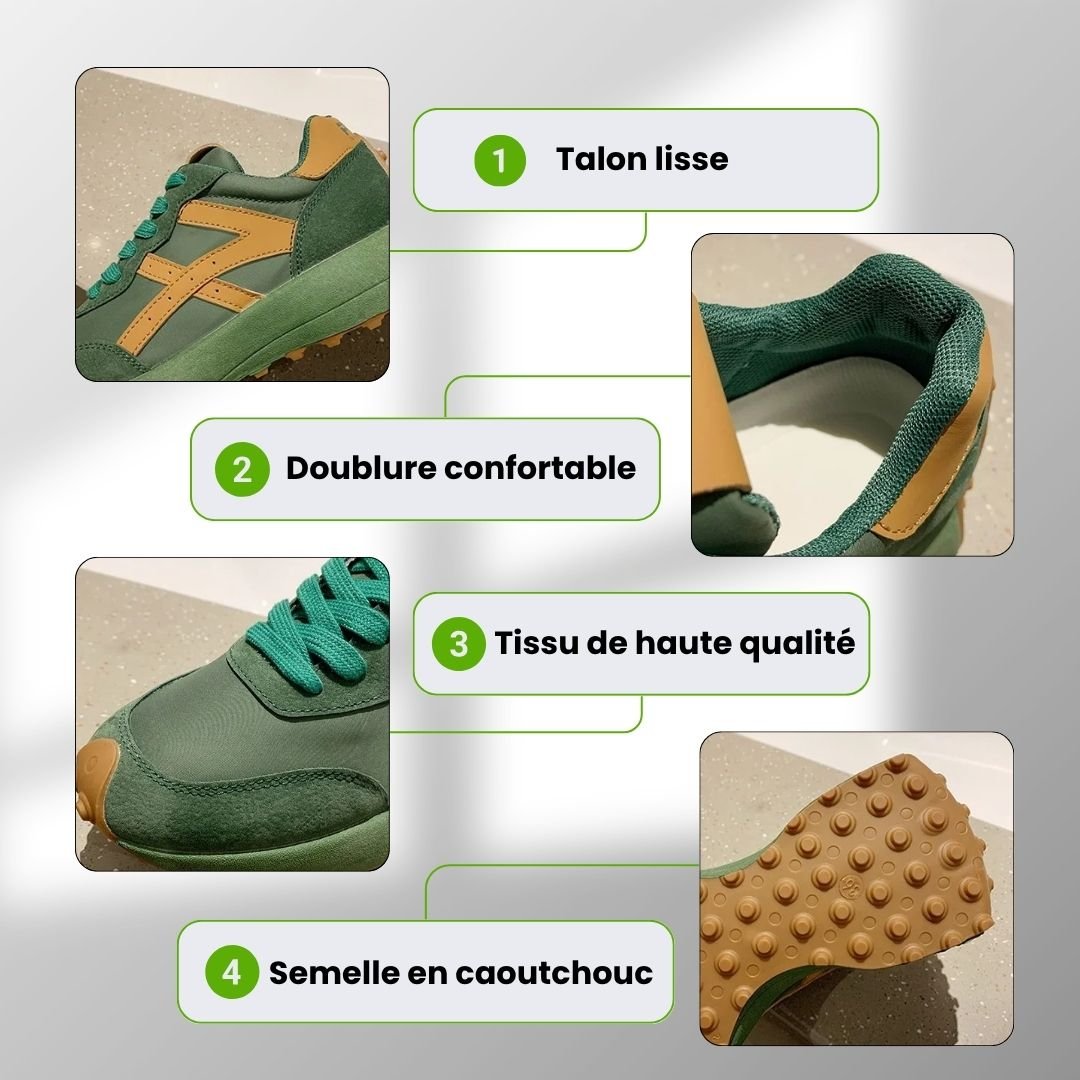 Women's orthopedic sneakers in beige, black and green with a cushioned sole