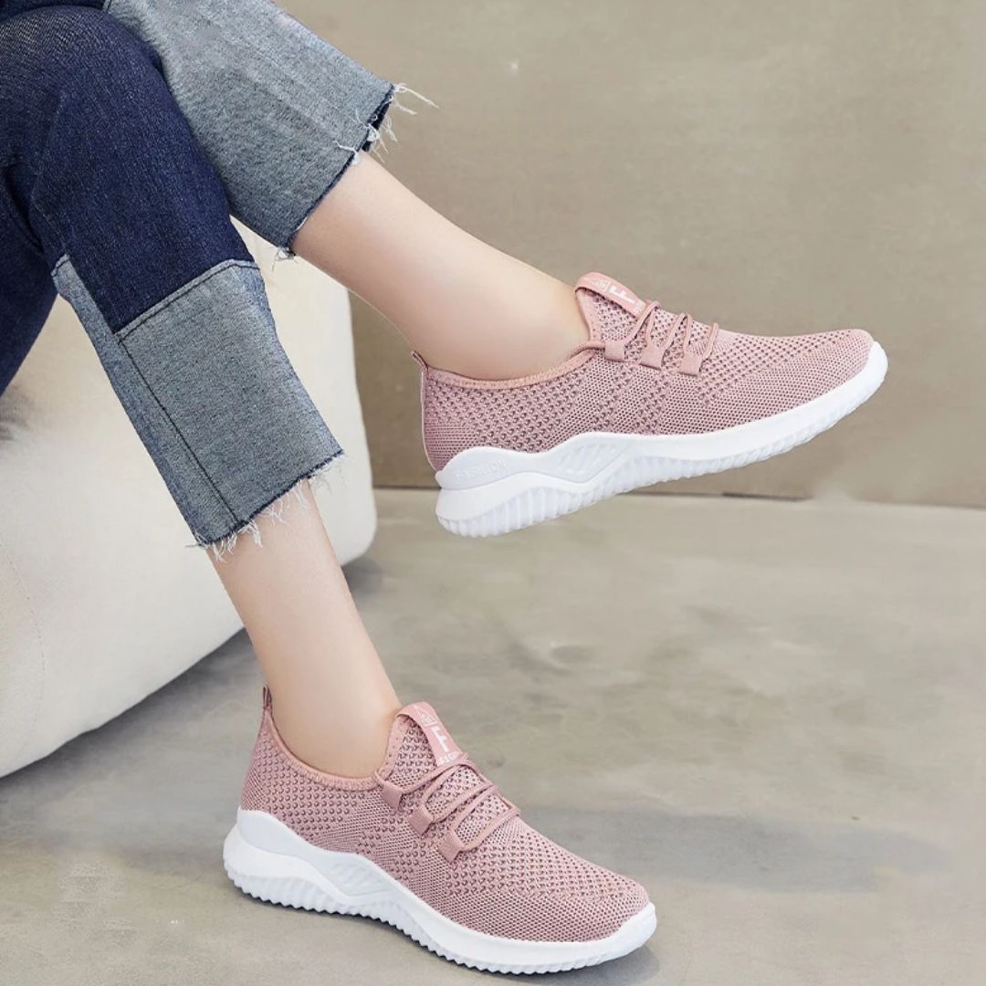 Women's orthopedic comfort sneakers with a breathable knit upper, in pink, gray, black or brown