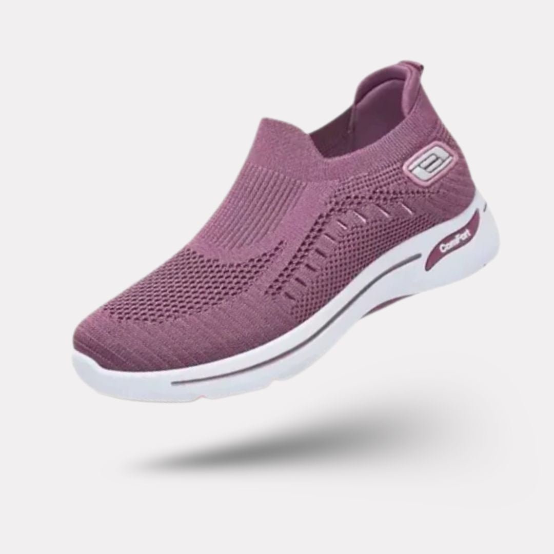 Women's orthopedic sneakers with a cushioned sole and knit upper, in pink, black, dark gray or purple