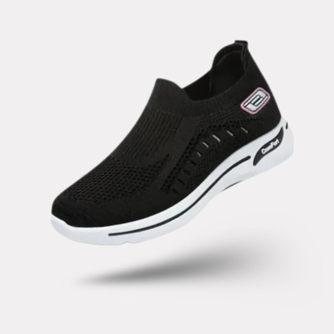 Women's orthopedic sneakers with a cushioned sole and knit upper, in pink, black, dark gray or purple