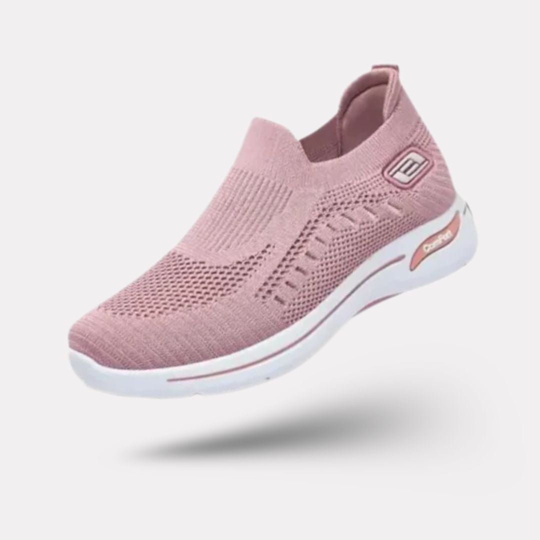 Women's orthopedic sneakers with a cushioned sole and knit upper, in pink, black, dark gray or purple