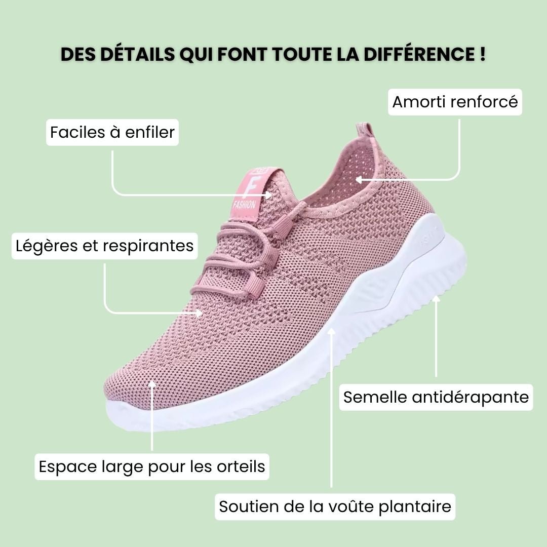 Women's orthopedic comfort sneakers with a breathable knit upper, in pink, gray, black or brown