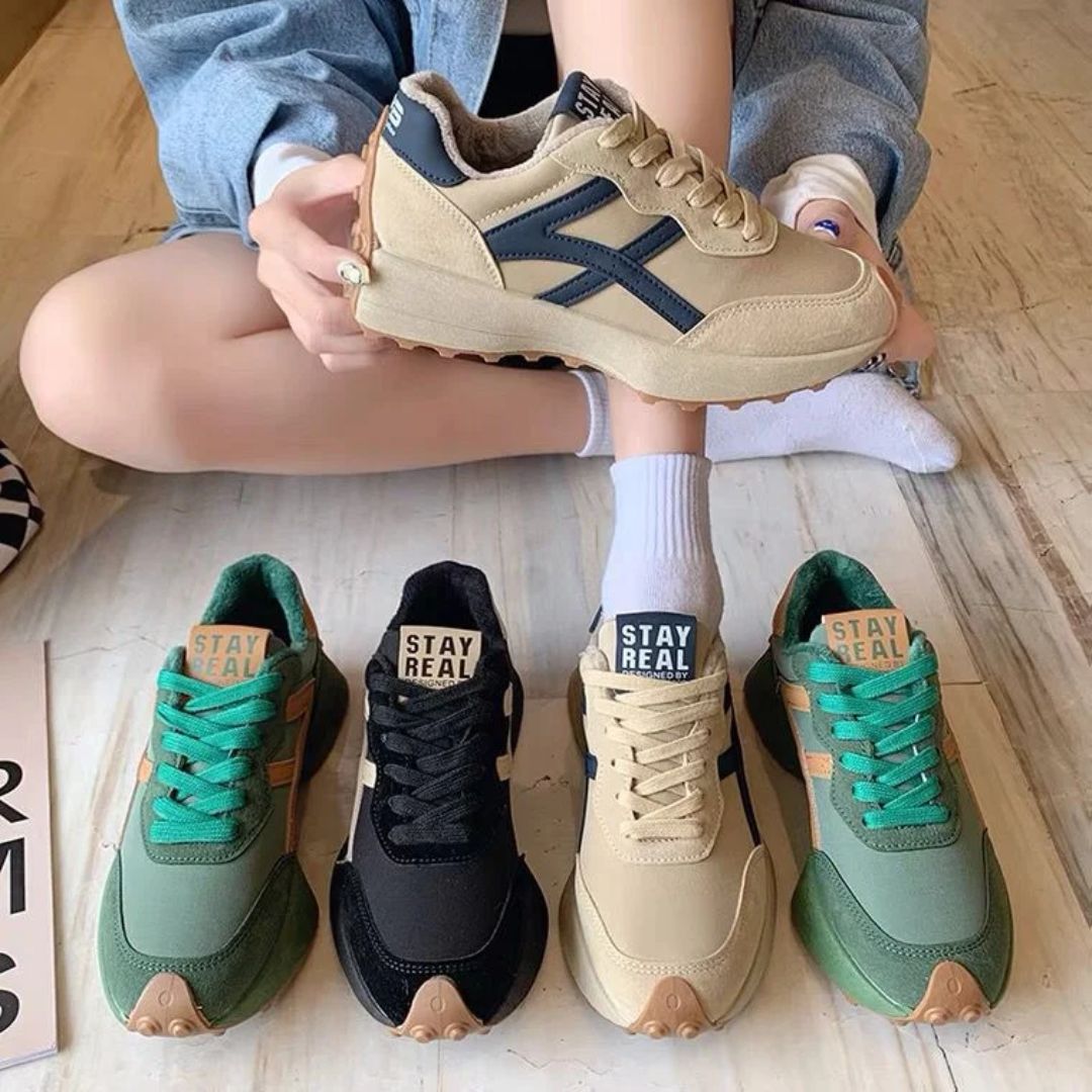 Women's orthopedic sneakers in beige, black and green with a cushioned sole