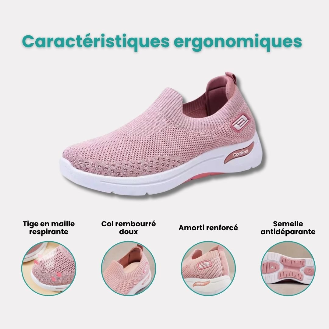 Women's orthopedic sneakers with a cushioned sole and knit upper, in pink, black, dark gray or purple