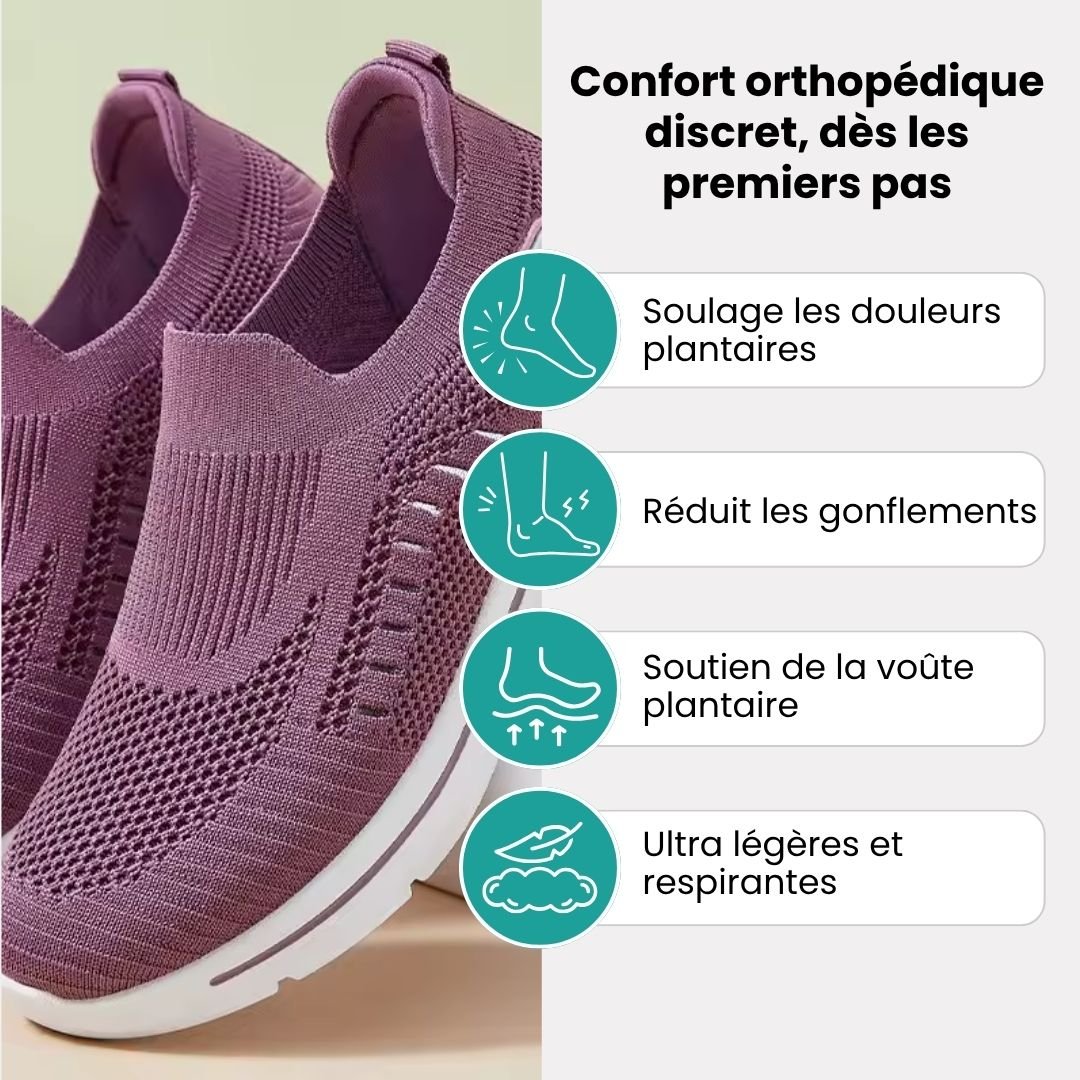 Women's orthopedic sneakers with a cushioned sole and knit upper, in pink, black, dark gray or purple
