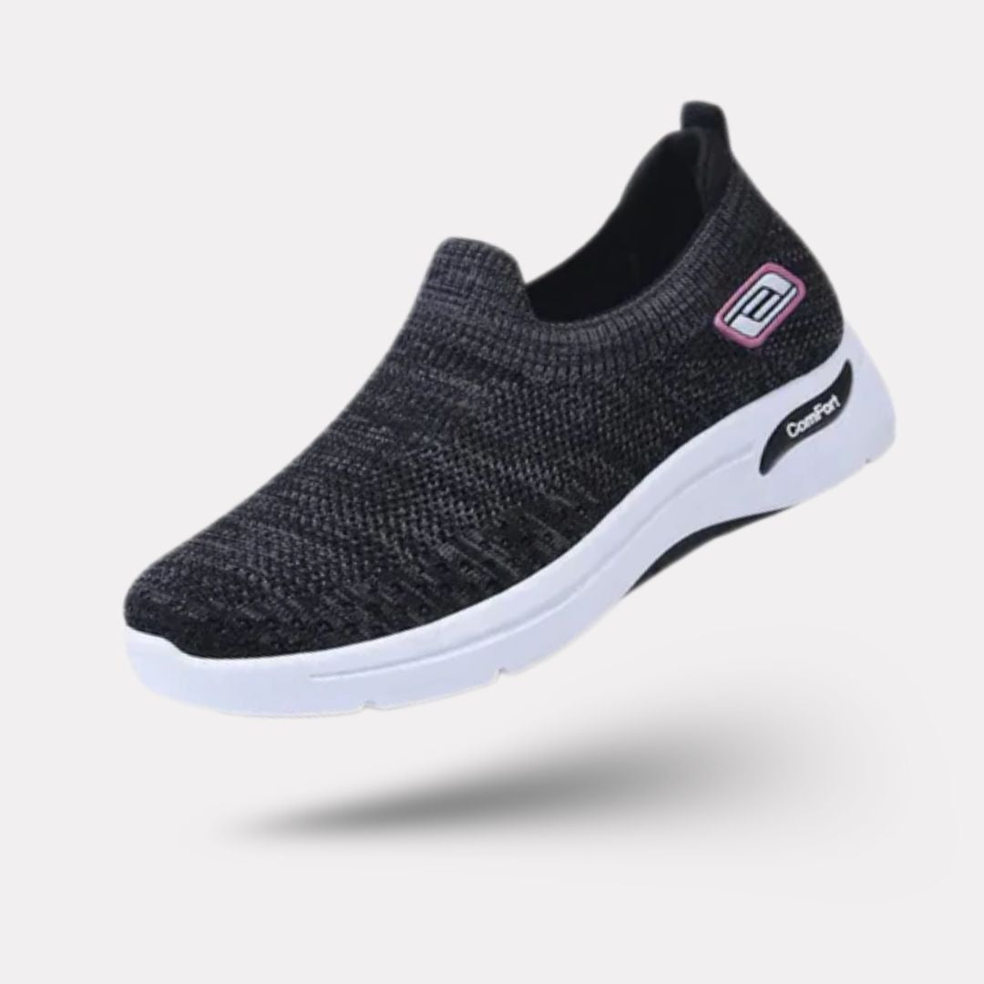 Women's orthopedic sneakers with a cushioned sole and knit upper, in pink, black, dark gray or purple