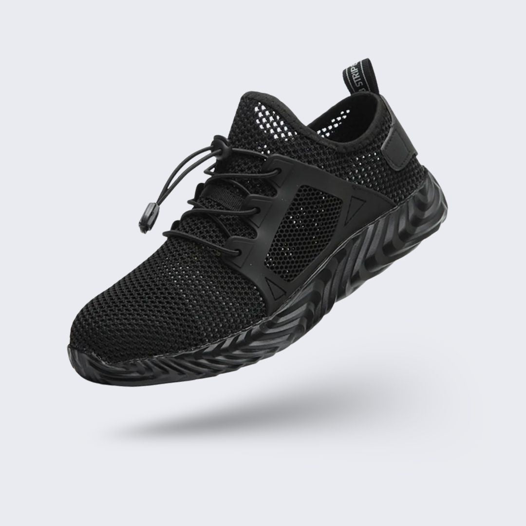Gray breathable mesh safety sneakers with a protective toe and lace-up front