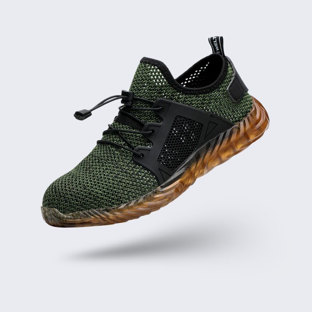 Gray breathable mesh safety sneakers with a protective toe and lace-up front