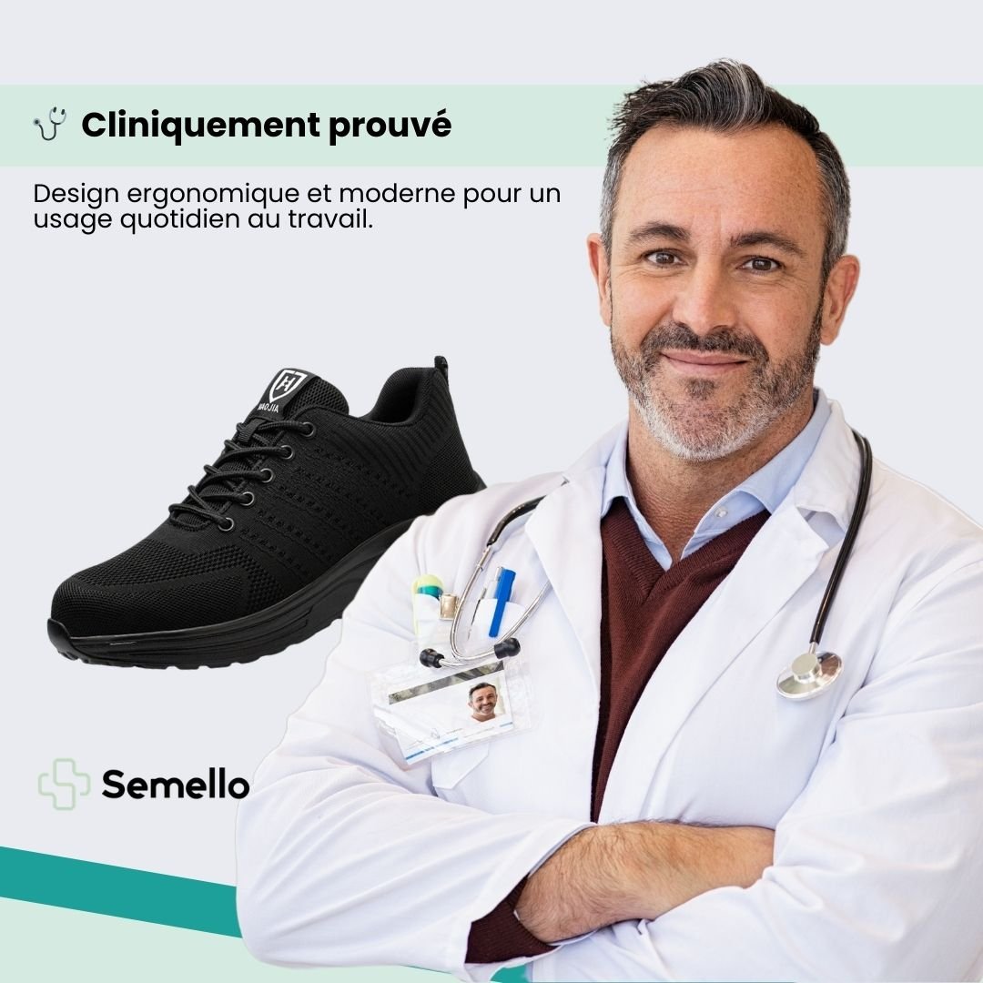 Orthopedic safety sneakers with a reinforced toe cap and a lightweight cushioned sole