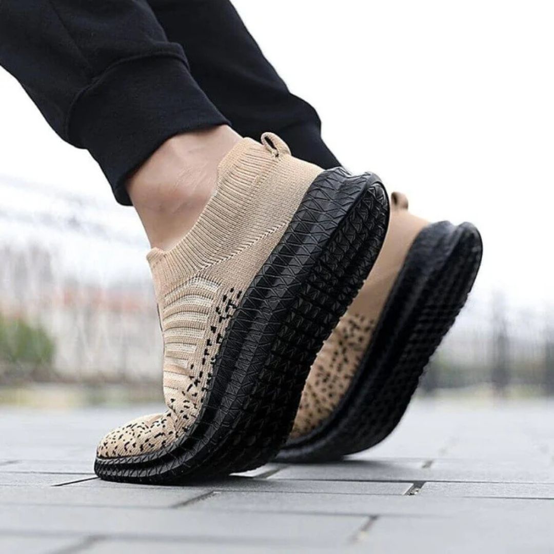 Beige orthopedic sneakers for men with a lace-up upper and thick supportive sole