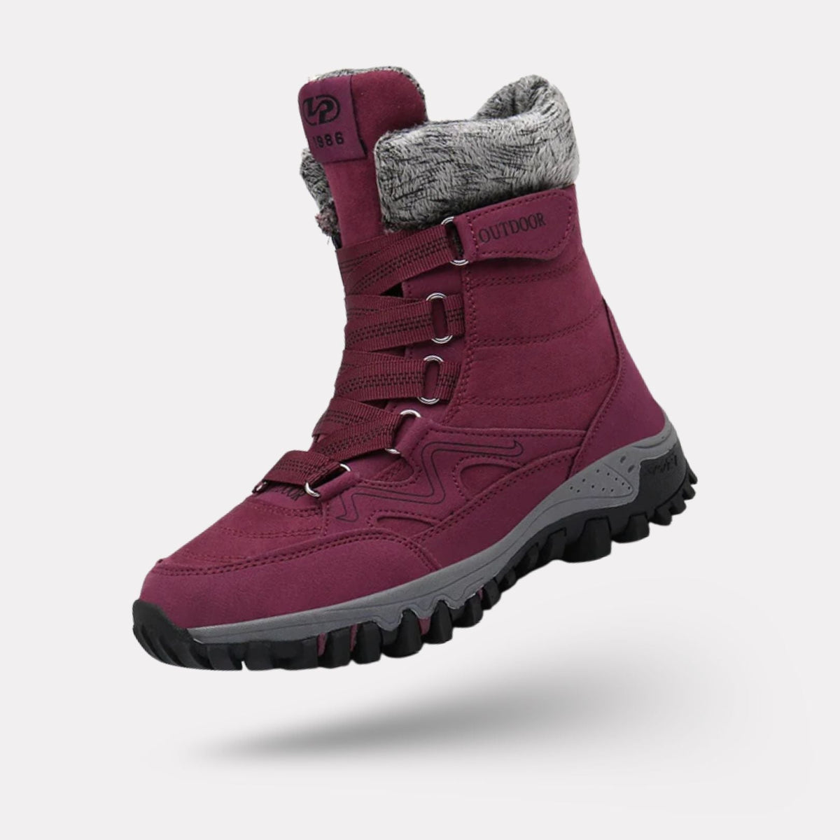 Burgundy waterproof snow boots with a fleece lining and a grippy treaded sole