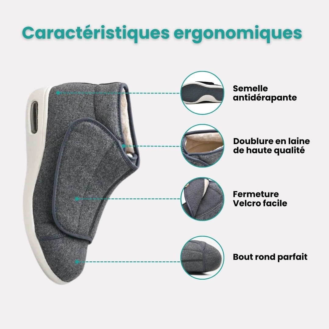 Lined orthopedic winter boots for diabetic feet, in black and gray, with a roomy toe box