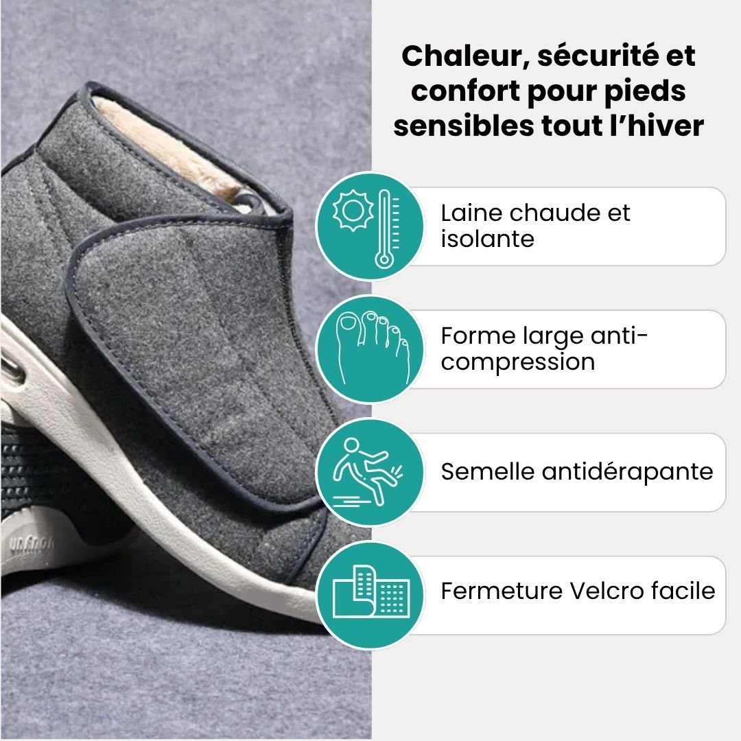 Lined orthopedic winter boots for diabetic feet, in black and gray, with a roomy toe box