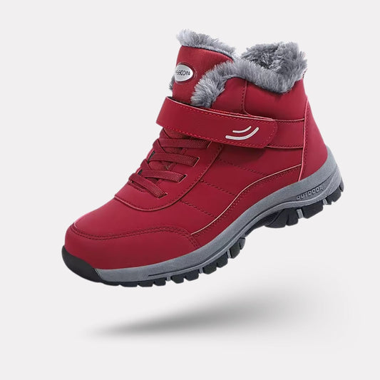 Lined waterproof winter boots in red, black and gray with a thick treaded sole