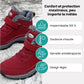 Lined waterproof winter boots in red, black and gray with a thick treaded sole