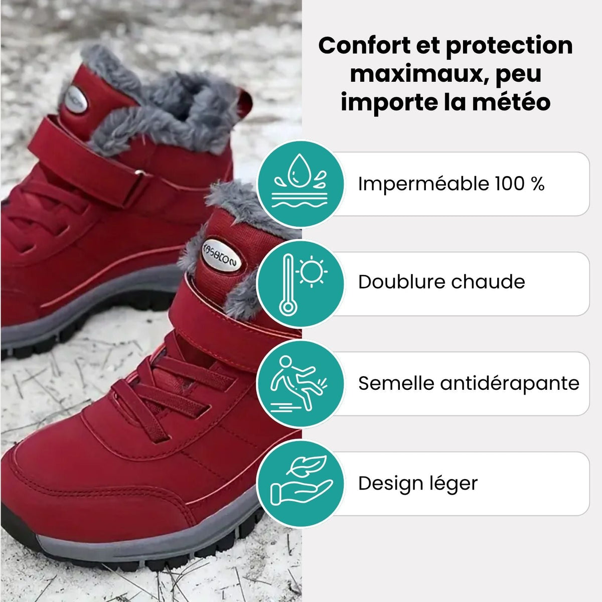 Lined waterproof winter boots in red, black and gray with a thick treaded sole