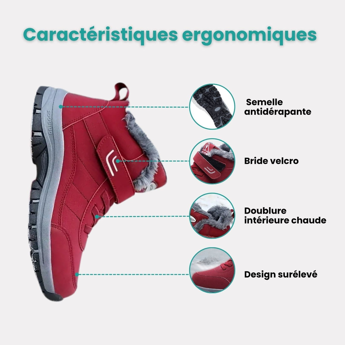 Lined waterproof winter boots in red, black and gray with a thick treaded sole