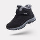 Lined waterproof winter boots in red, black and gray with a thick treaded sole