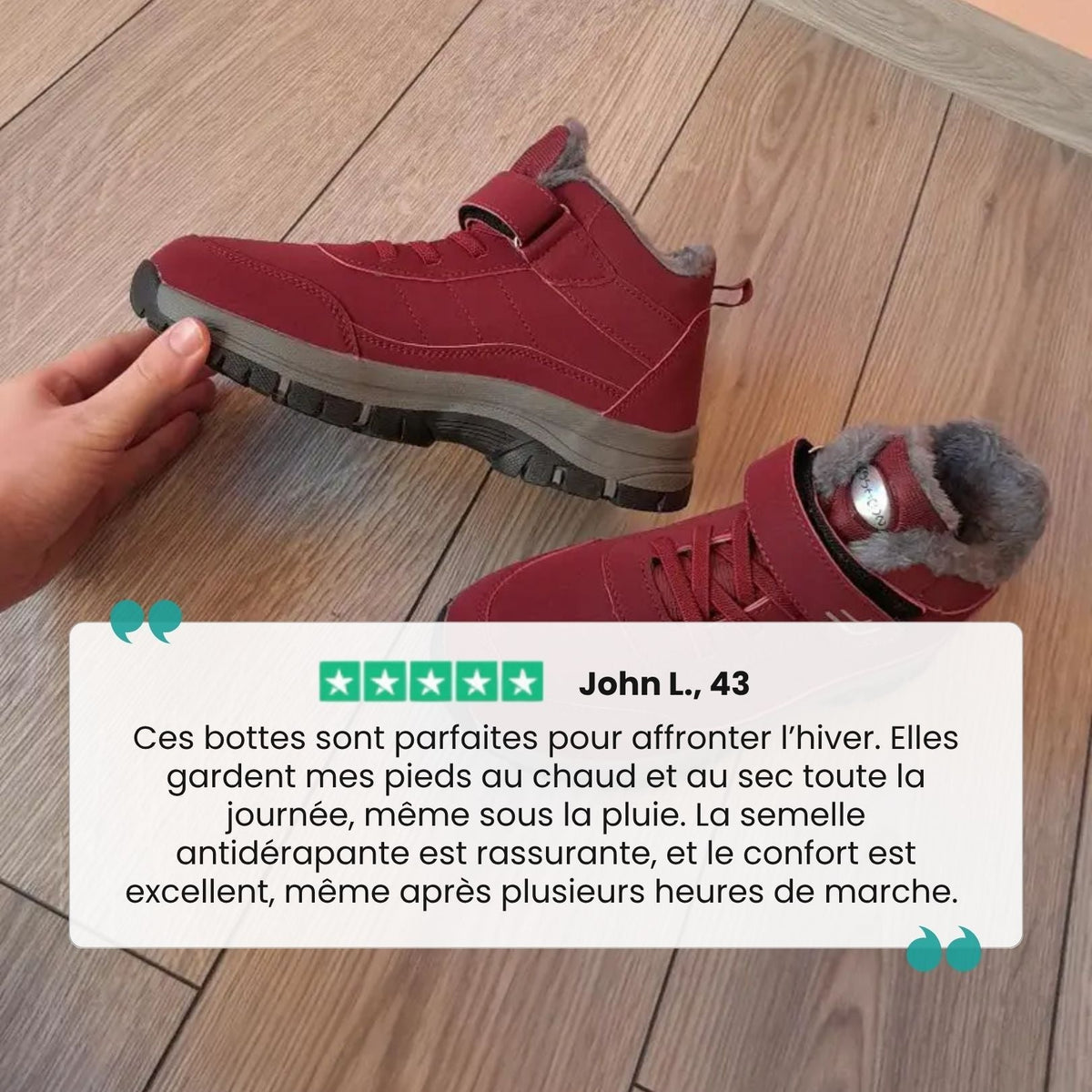 Lined waterproof winter boots in red, black and gray with a thick treaded sole