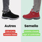 Lined waterproof winter boots in red, black and gray with a thick treaded sole