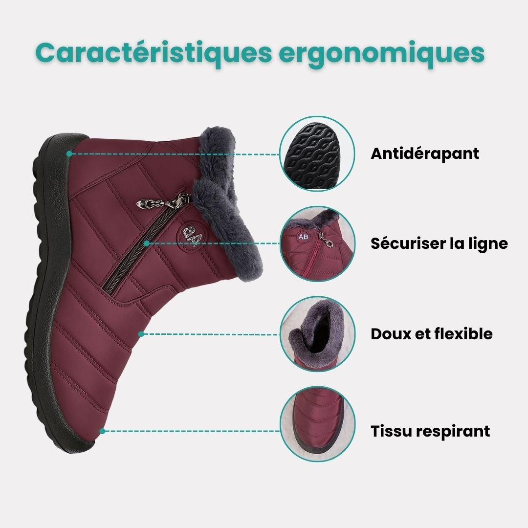 Women's waterproof winter boots in red, black, navy, gray and caramel with lugged soles