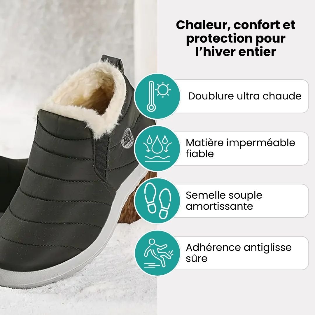 Fleece-lined waterproof winter boots for women in green, red, black and blue with non-slip soles