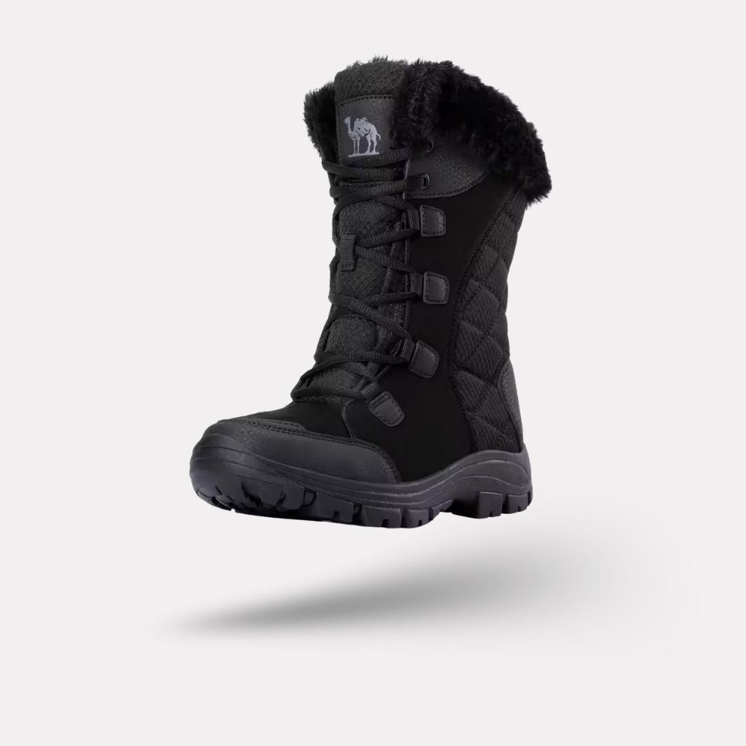 Waterproof winter boots in black and caramel with a lugged non-slip sole