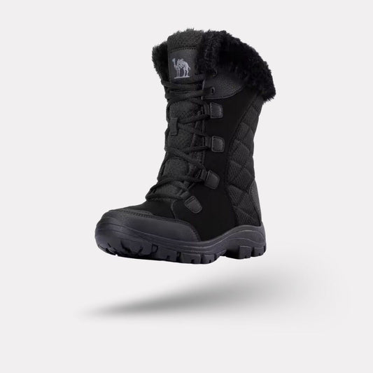 Waterproof winter boots in black and caramel with a lugged non-slip sole
