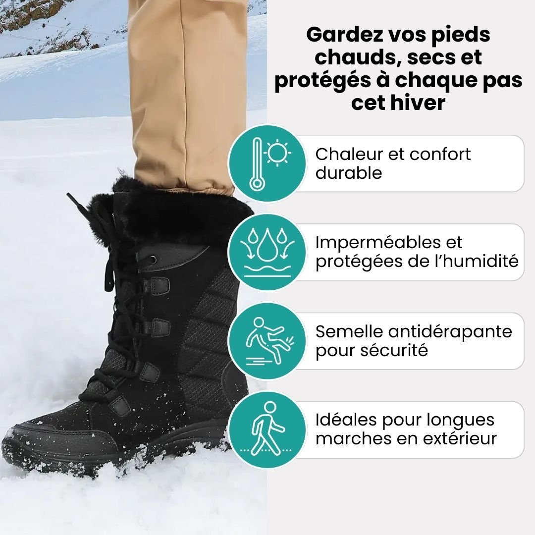 Waterproof winter boots in black and caramel with a lugged non-slip sole