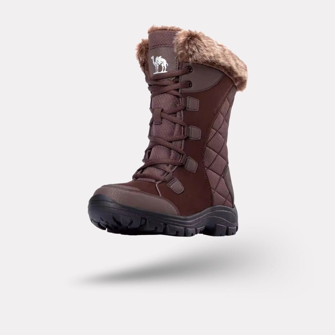 Waterproof winter boots in black and caramel with a lugged non-slip sole