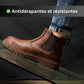 Brown leather safety boots with a reinforced toe and a lace-up ankle shaft