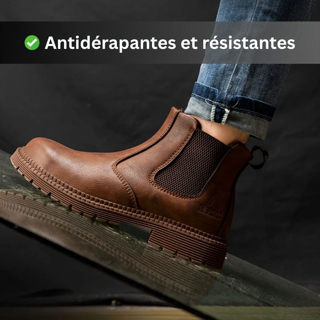 Brown leather safety boots with a reinforced toe and a lace-up ankle shaft