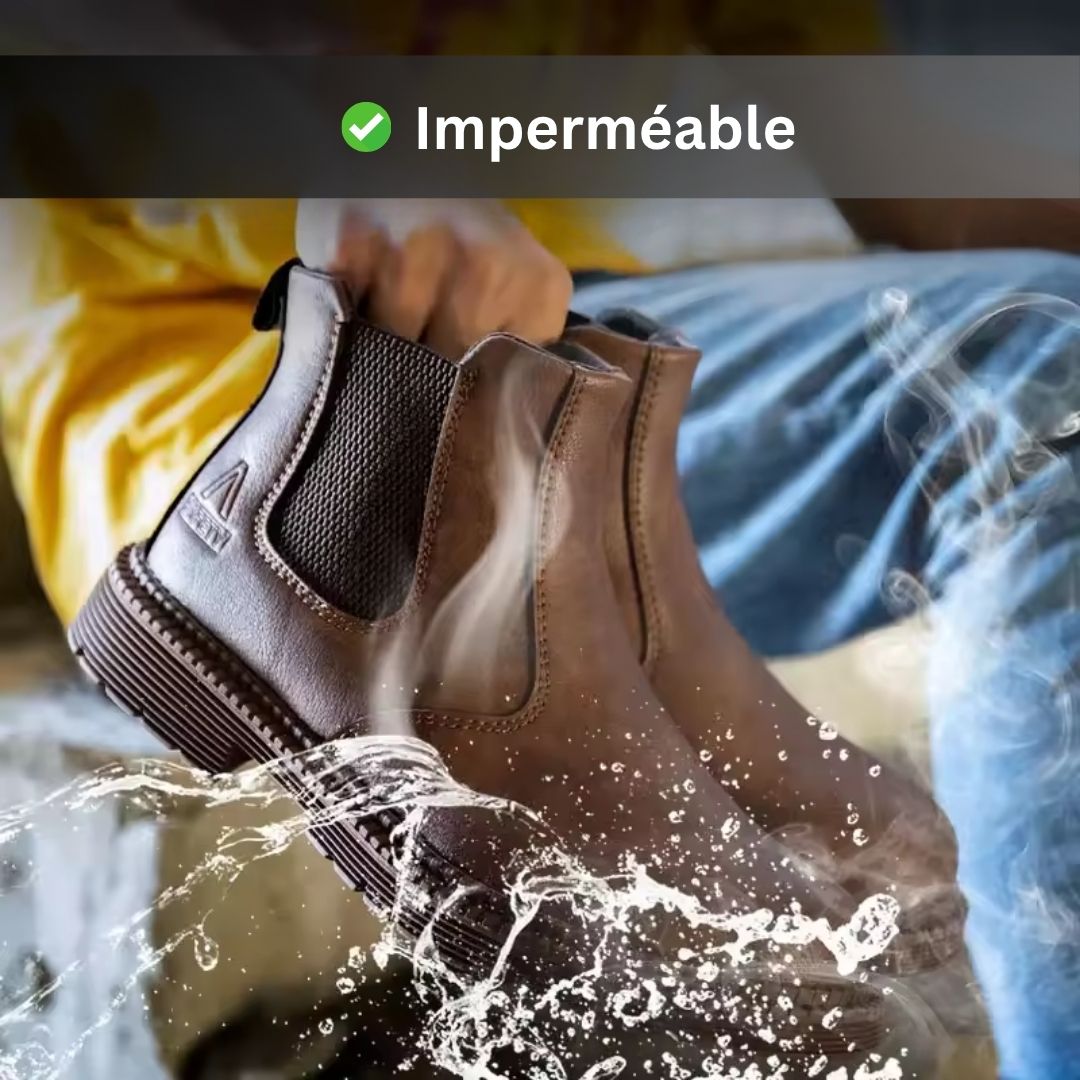 Brown leather safety boots with a reinforced toe and a lace-up ankle shaft