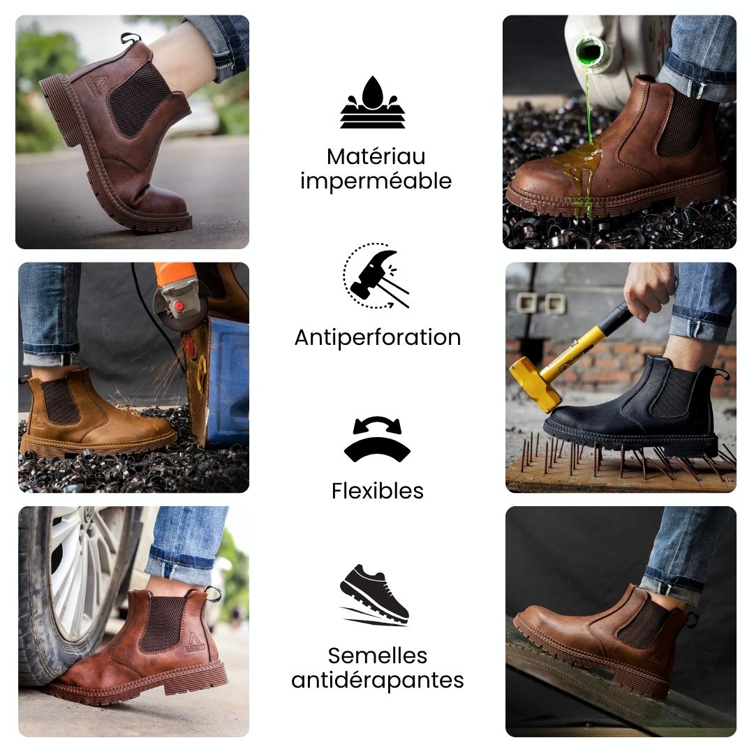 Brown leather safety boots with a reinforced toe and a lace-up ankle shaft