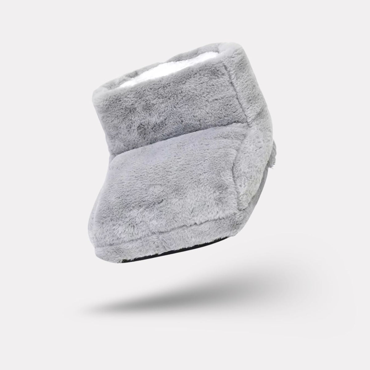 Gray plush heated foot warmer that both feet slide into for gentle warmth