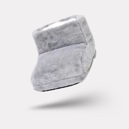 Gray plush heated foot warmer that both feet slide into for gentle warmth