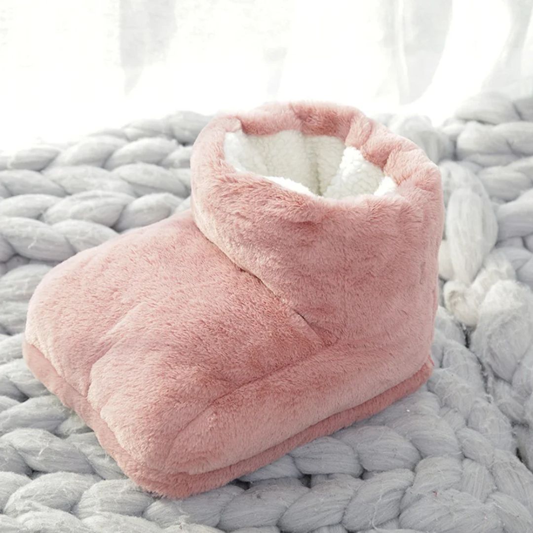 Gray plush heated foot warmer that both feet slide into for gentle warmth