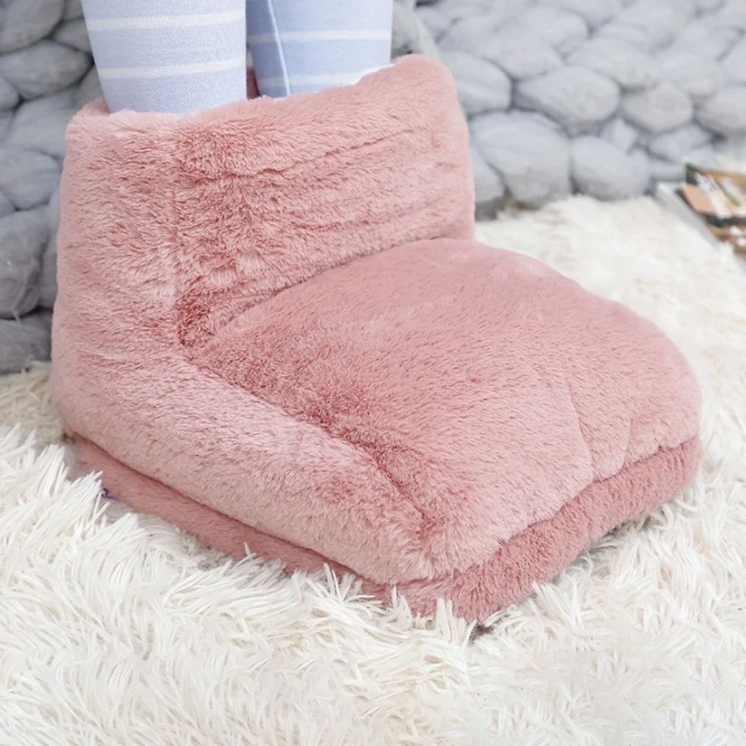Gray plush heated foot warmer that both feet slide into for gentle warmth