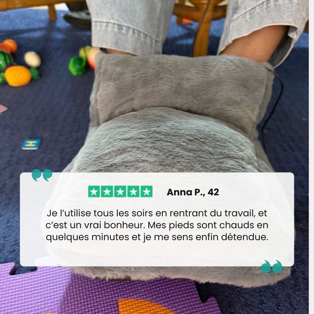 Gray plush heated foot warmer that both feet slide into for gentle warmth