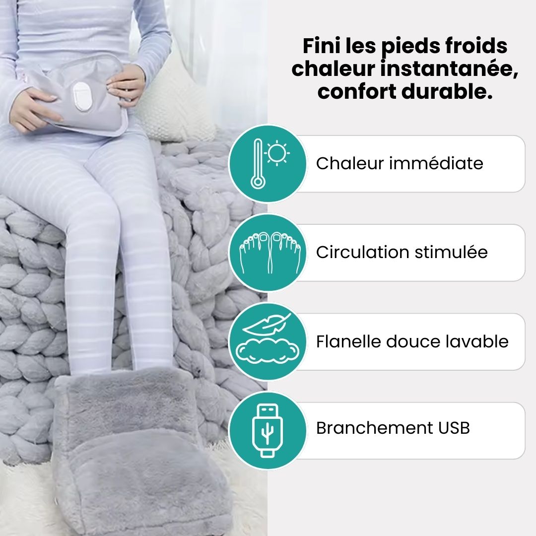 Gray plush heated foot warmer that both feet slide into for gentle warmth