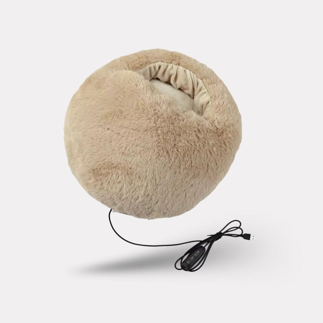 Soft velvet heated foot warmer with an open pocket for both feet, in gray, pink or caramel