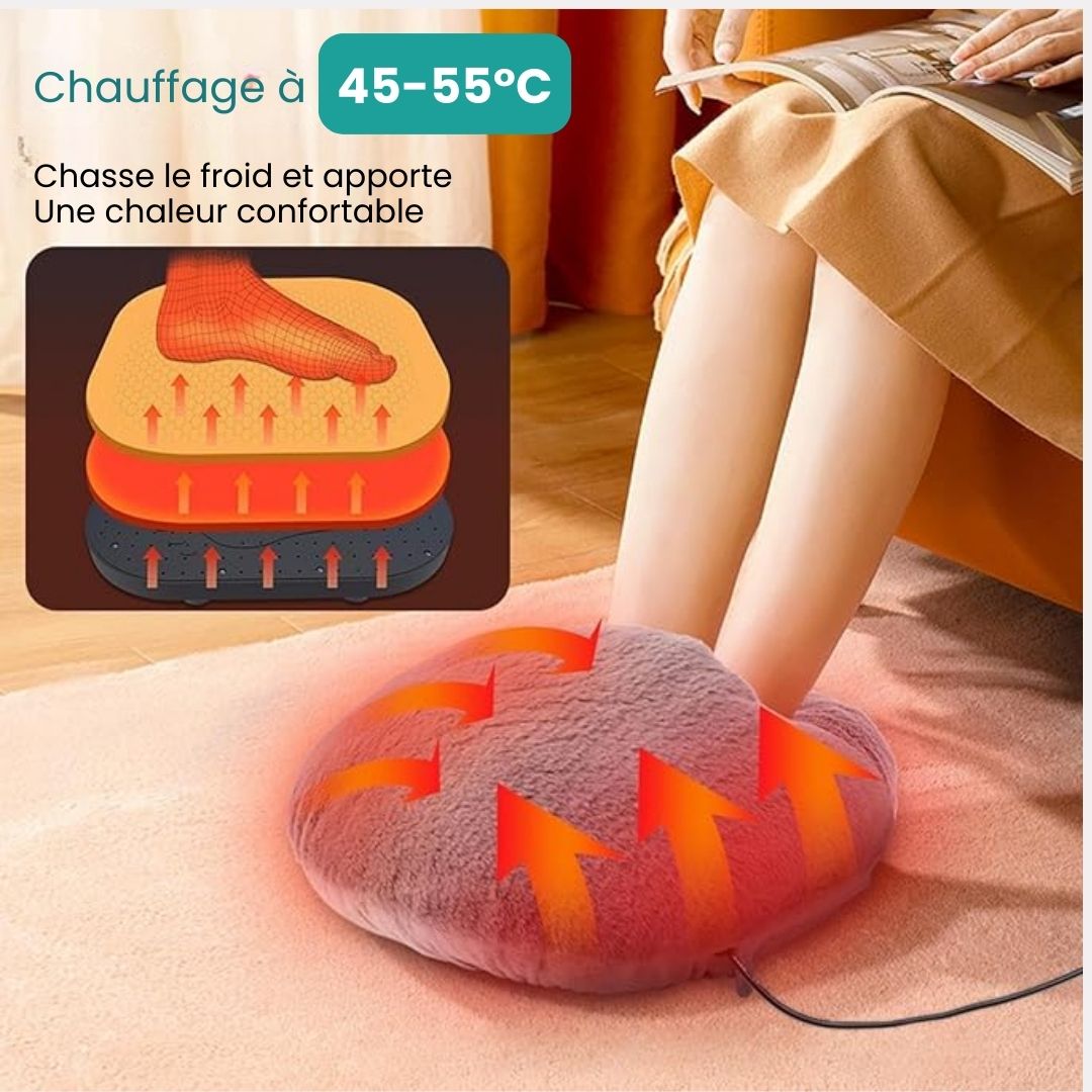 Soft velvet heated foot warmer with an open pocket for both feet, in gray, pink or caramel