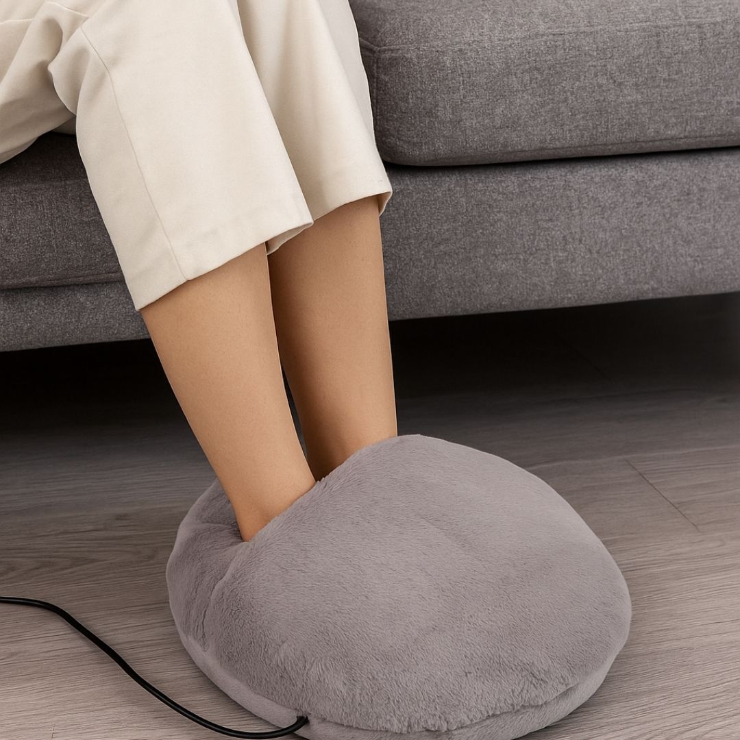 Soft velvet heated foot warmer with an open pocket for both feet, in gray, pink or caramel