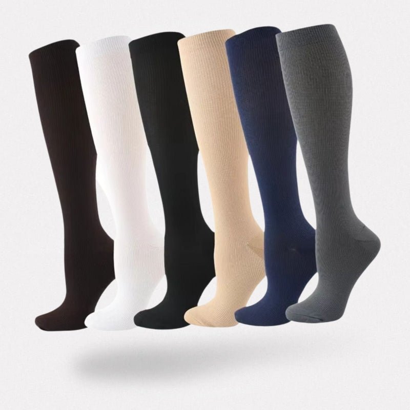 Knee-high compression socks for lighter legs, in black, nude, white, gray and blue