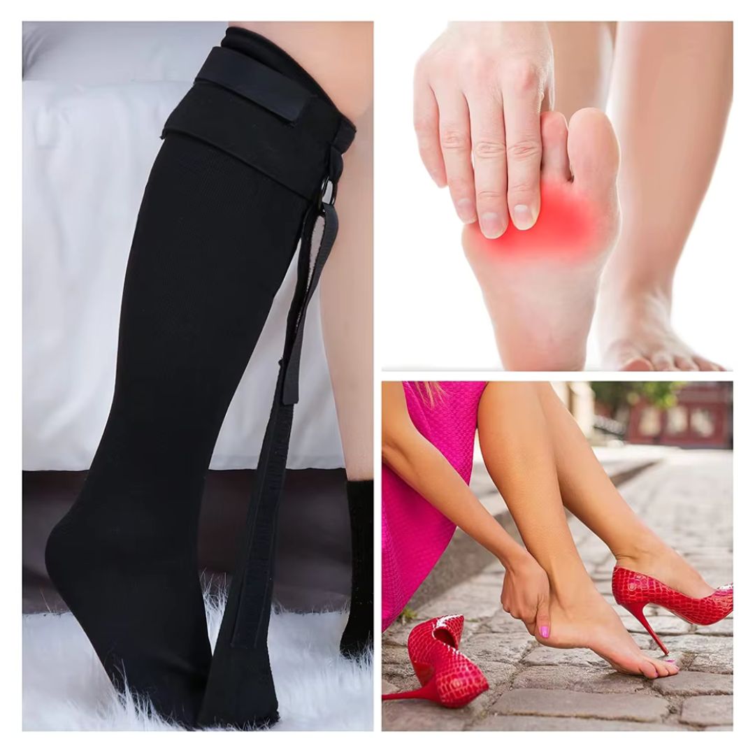 Black night socks worn over the foot and ankle to stretch the plantar arch