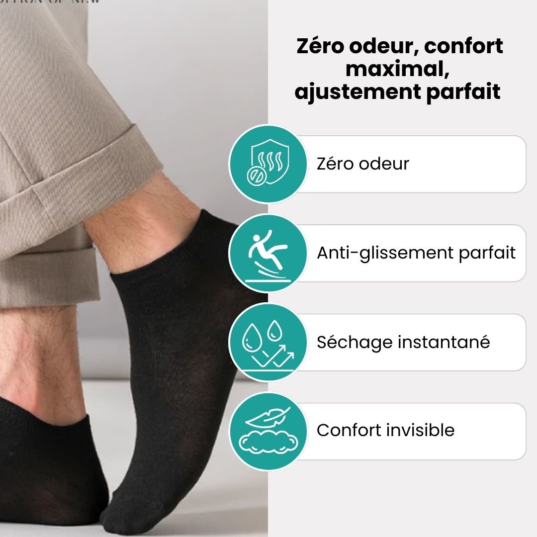 Low-cut odor-control socks in black and white, cut to sit just below the ankle bone