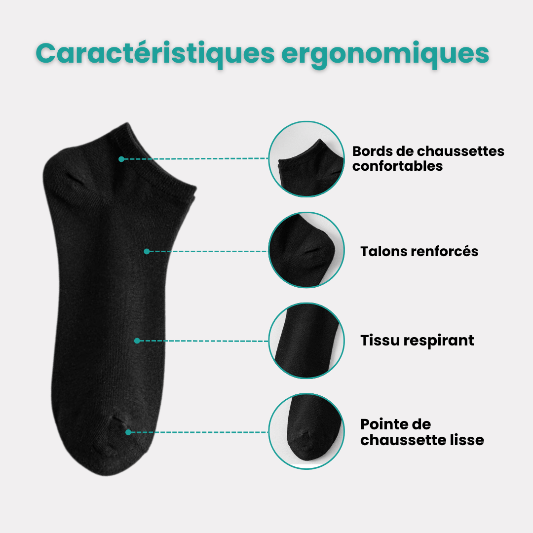 Low-cut odor-control socks in black and white, cut to sit just below the ankle bone
