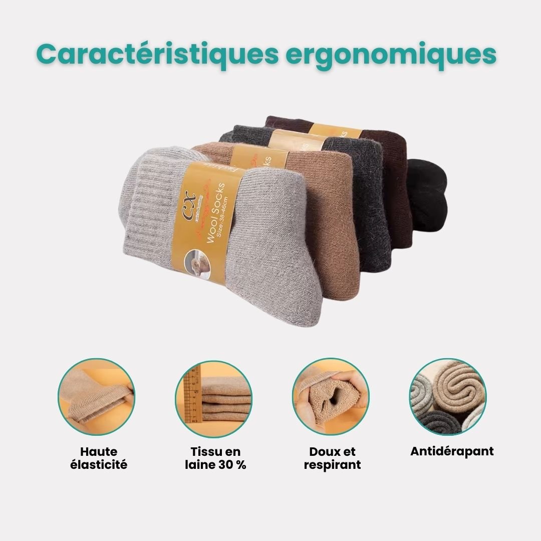 Thick merino wool winter socks in gray, black, khaki and brown, pulled up over the calf