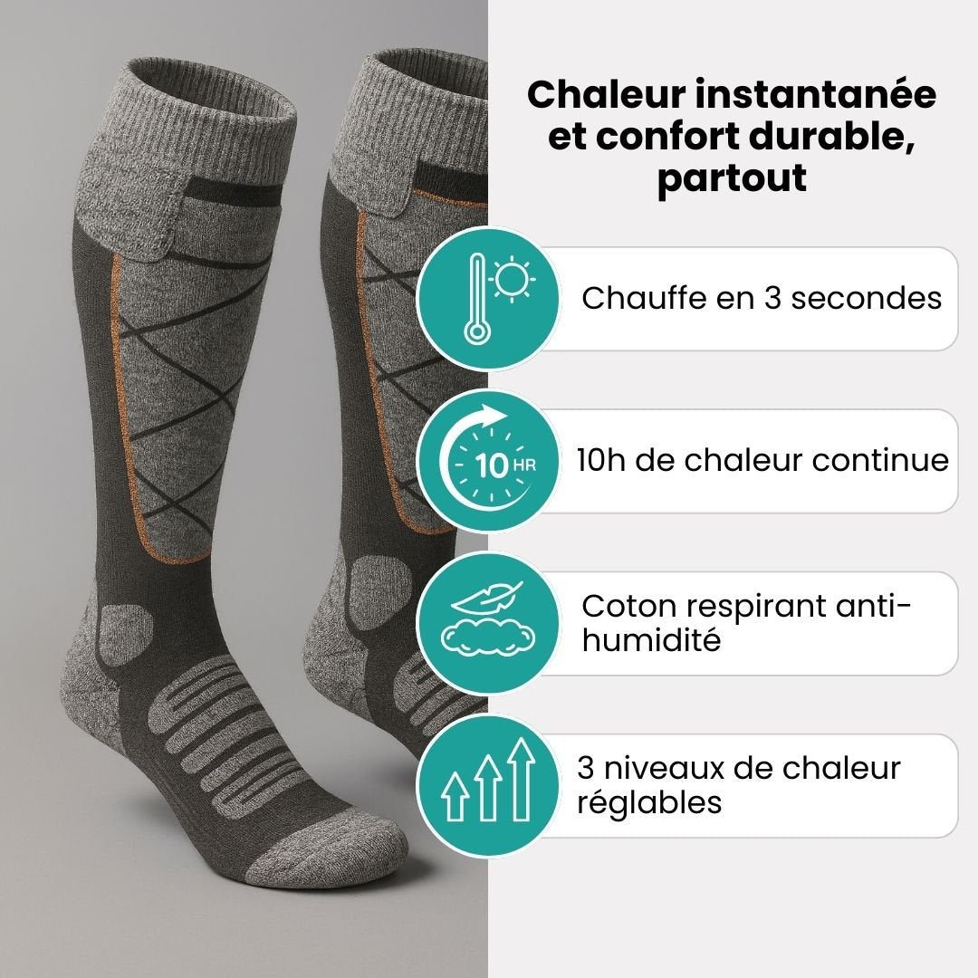 Battery-powered heated winter socks that warm the toes, worn up to mid-calf