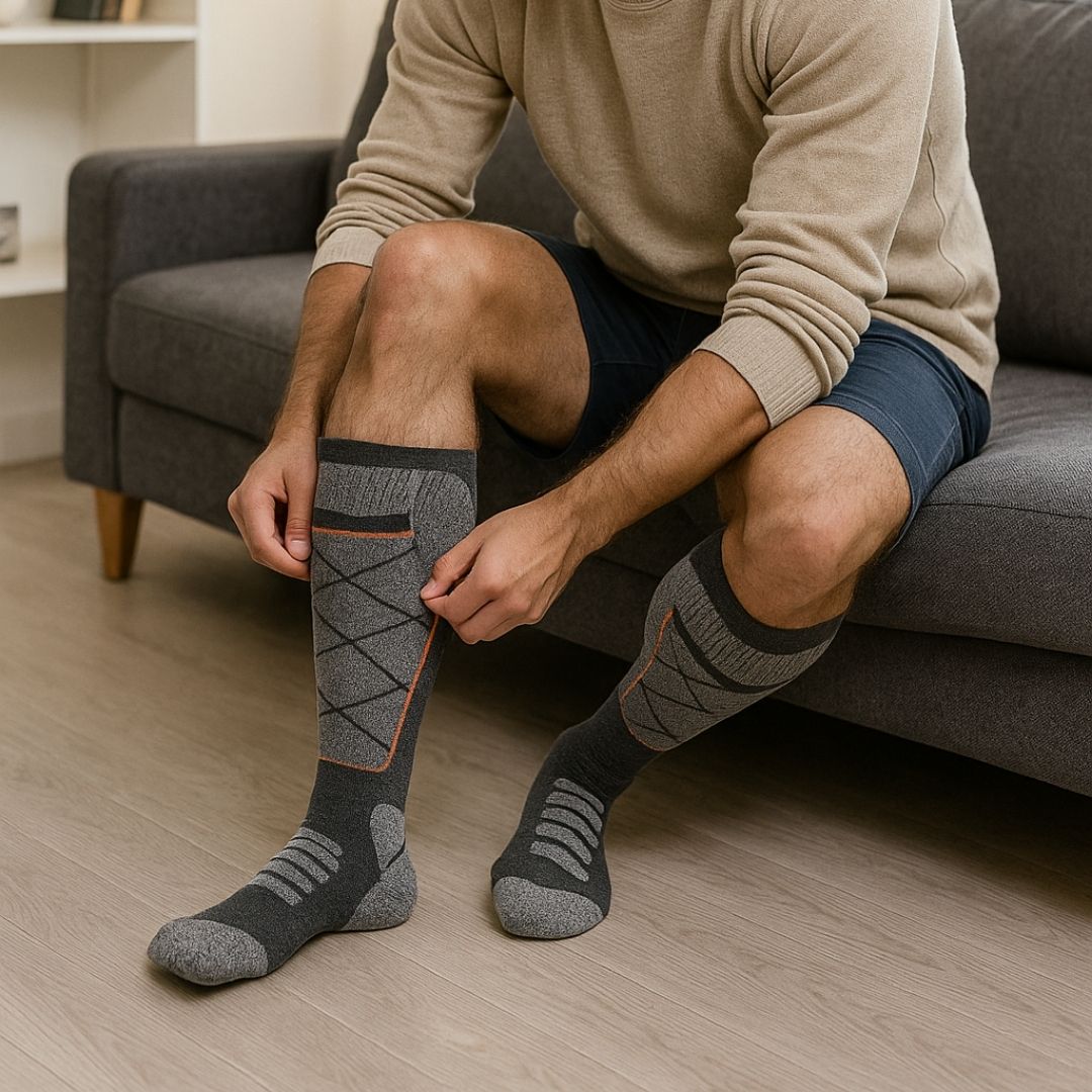 Battery-powered heated winter socks that warm the toes, worn up to mid-calf